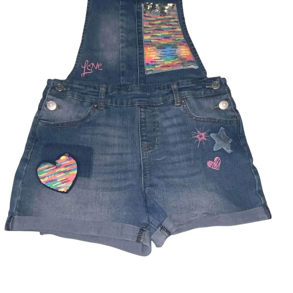 JORDACHE Bib Overall Shorts Blue Denim Girls Large 10-12 Sequins Heart Stars